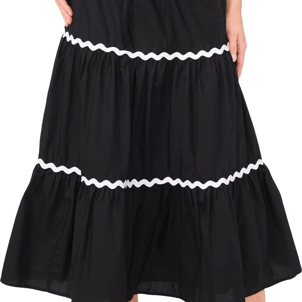 CeCe Tiered Skirt, Black with White Ric Rac Trim, Size Medium, NWT